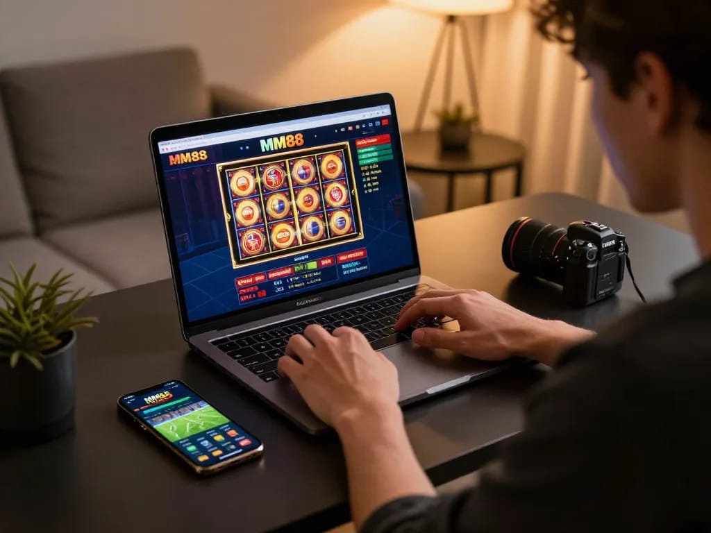 Engaging online gambling moment as a player explores MM88 casino's vibrant slot reels and live dealer games.