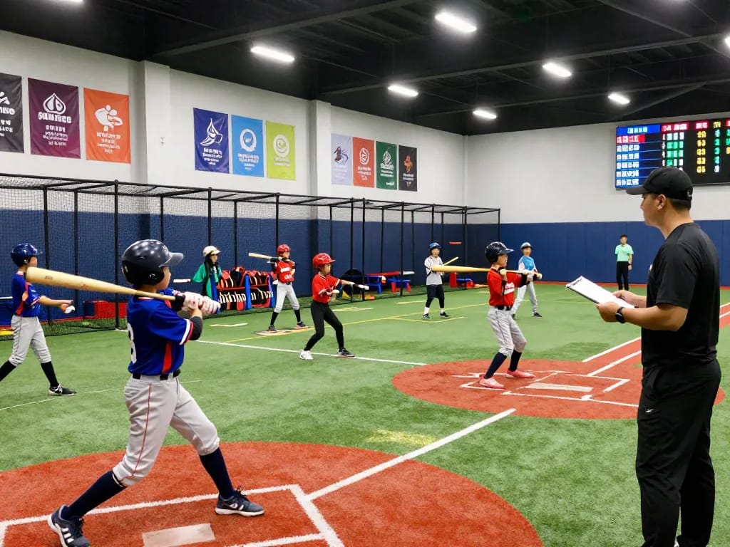 Hitclub baseball training session with young athletes practicing in vibrant indoor facility.