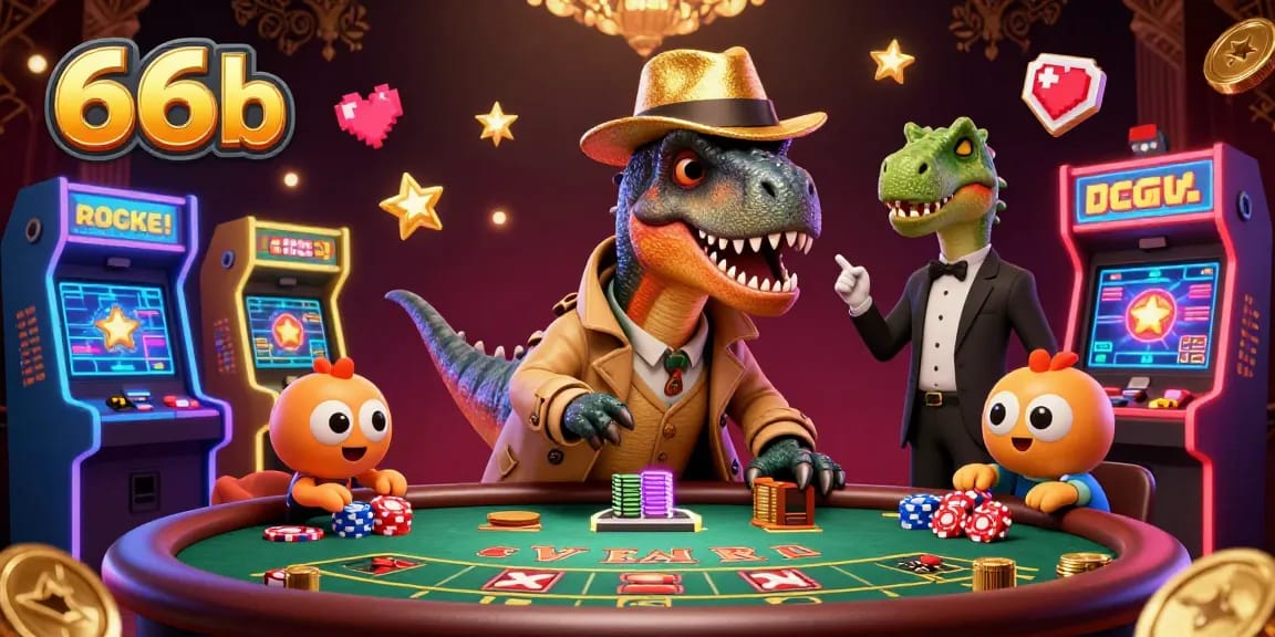 Experience the excitement of 66b gaming with dynamic characters at a blackjack table in this vibrant illustration.
