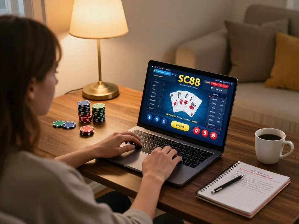 Player engaging with SC88 online gambling platform, showcasing poker game action and strategic betting.