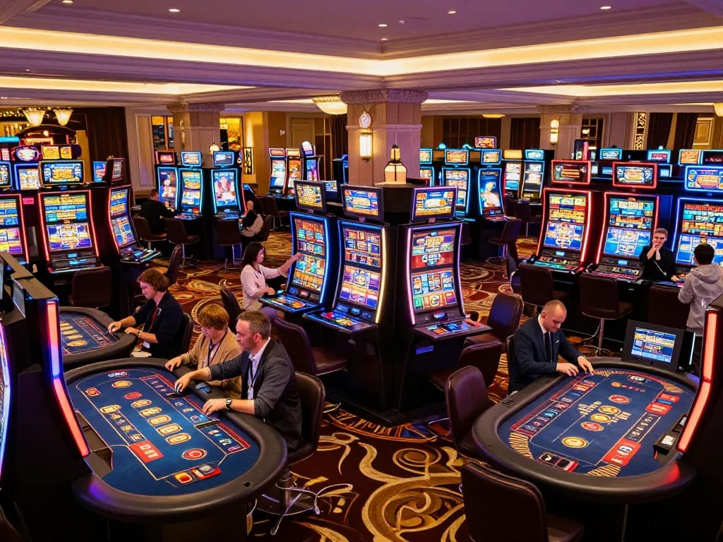 Engaged players enjoying a vibrant gaming experience at 789Club casino, featuring colorful slot machines and table games