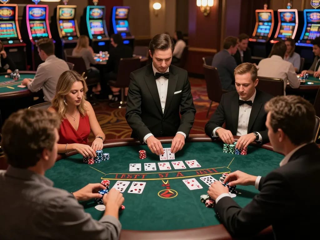 Engaged players at a live blackjack table, showcasing 58wiin's thrilling casino experience.