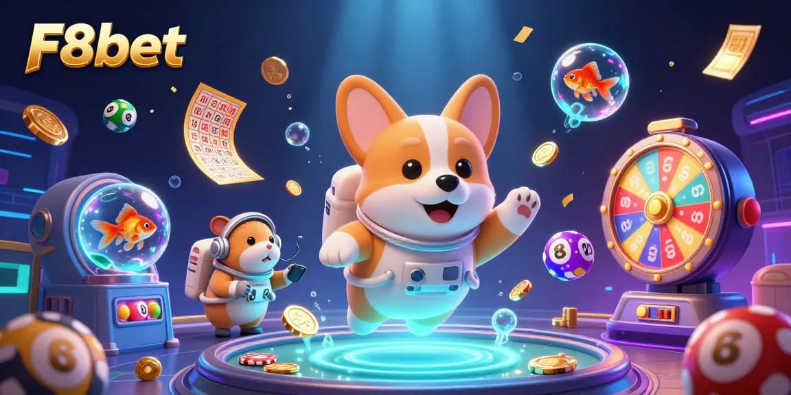 Experience F8bet in a vibrant casino scene where an astronaut corgi floats among drifting poker chips and lottery balls.