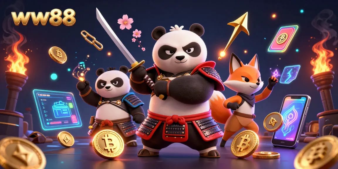 Engage in thrilling gameplay at ww88, featuring a vibrant illustration of a samurai panda and ninja fox amidst digital casino elements.