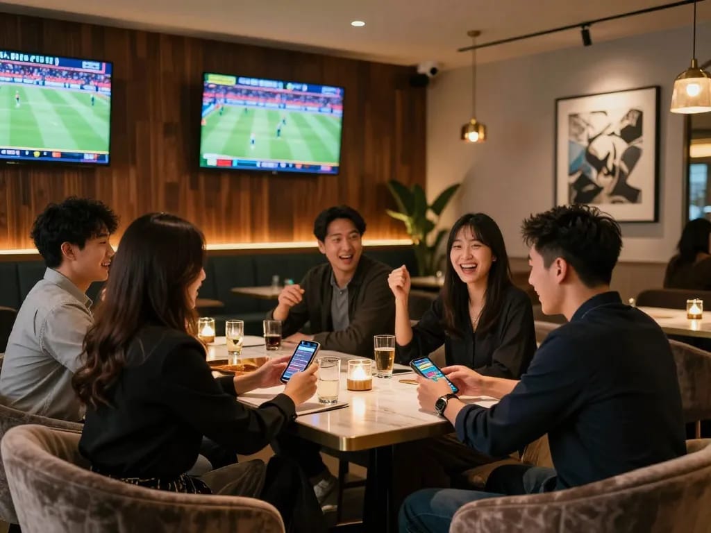 SBOBET sports enthusiasts celebrating a live match while placing bets in a stylish lounge