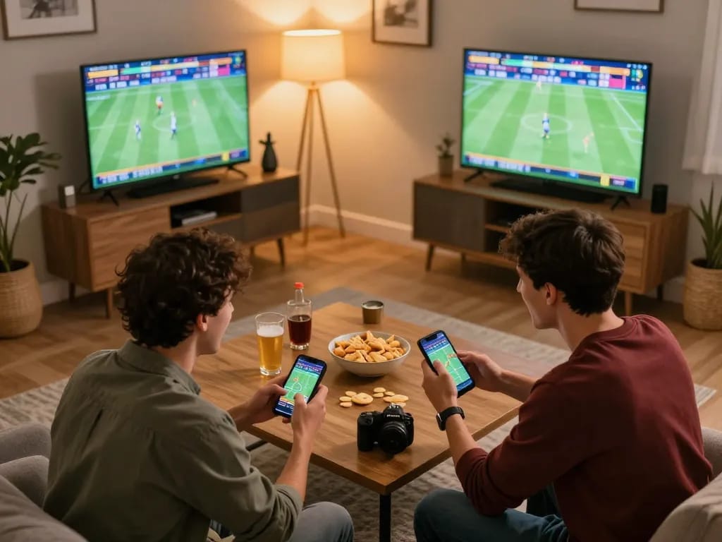 Friends engaging in sports betting with f168 app on smartphones during an exciting game night.