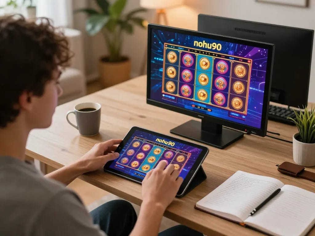 Player enjoying nohu90 gaming experience on tablet in a cozy home setting with warm lighting