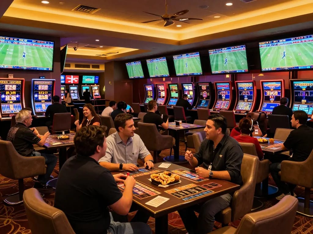 Nowgoal sports betting lounge with live match screens and enthusiastic guests engaged in wagering.