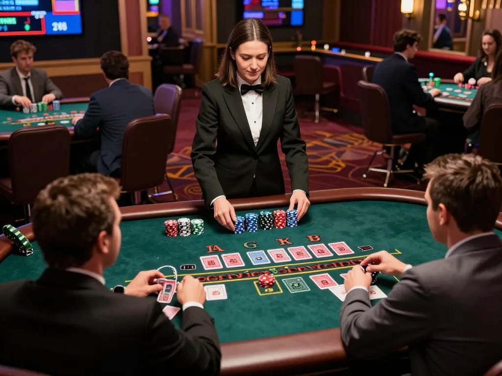 Gk88 players enjoying a live dealer blackjack game in a captivating casino atmosphere.