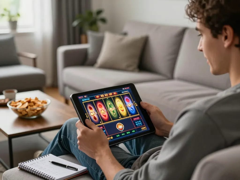 Player engaging in online slot games on tablet at home, highlighting jun88's exciting gaming experience.