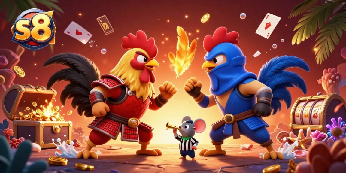 S8 live betting scene with vibrant roosters and casino elements engaging users seamlessly.