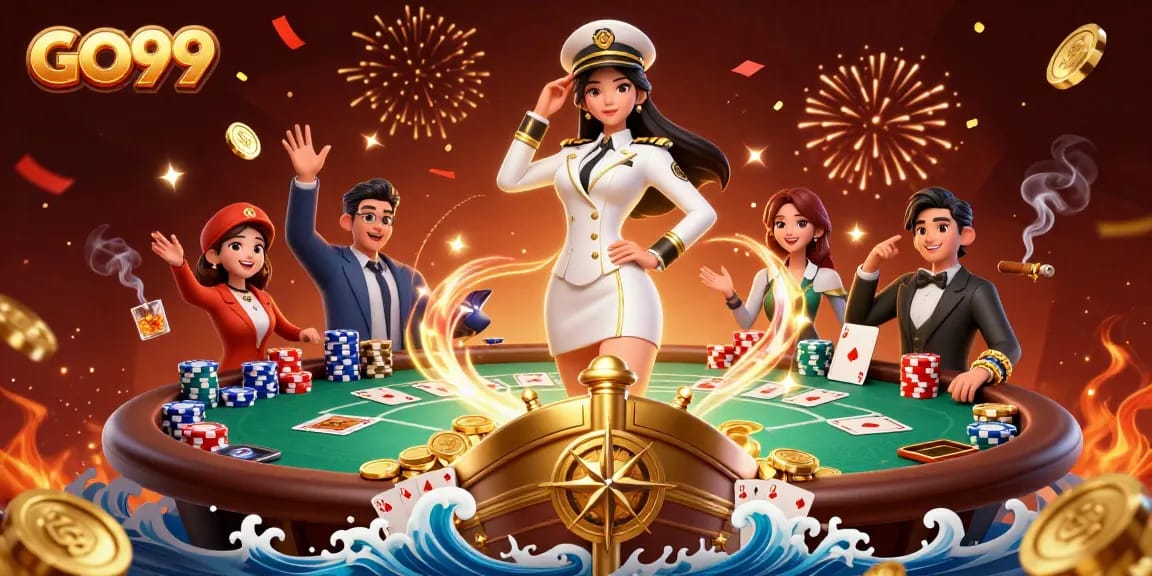Engage in exciting games at GO99, featuring a lively poker scene with vibrant colors and dynamic elements.