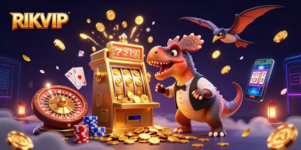 RIKVIP players enjoy jackpot wins with thrilling games and vibrant visuals in this dynamic casino scene.