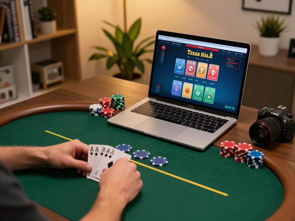 Engaging online poker gameplay on a laptop showcasing qq88z gaming interface with chips and cards.