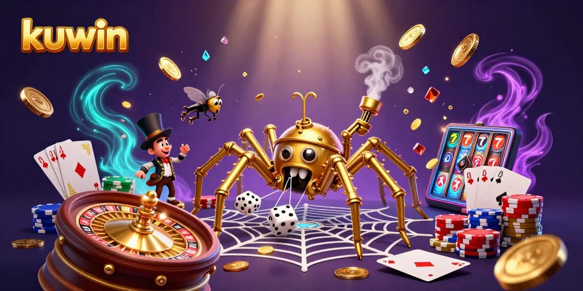 Kuwin immersive gaming experience featuring a golden spider web with playful elements and vibrant coins flying around