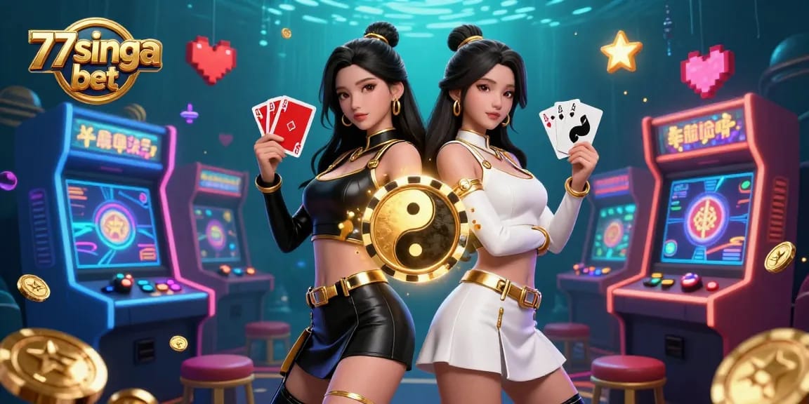 Berinteraksi dengan taruhan 77singa melalui visual berwarna-warni dari dua wanita Asia dalam pose dramatis, memperlihatkan suasana perjudian yang hidup.