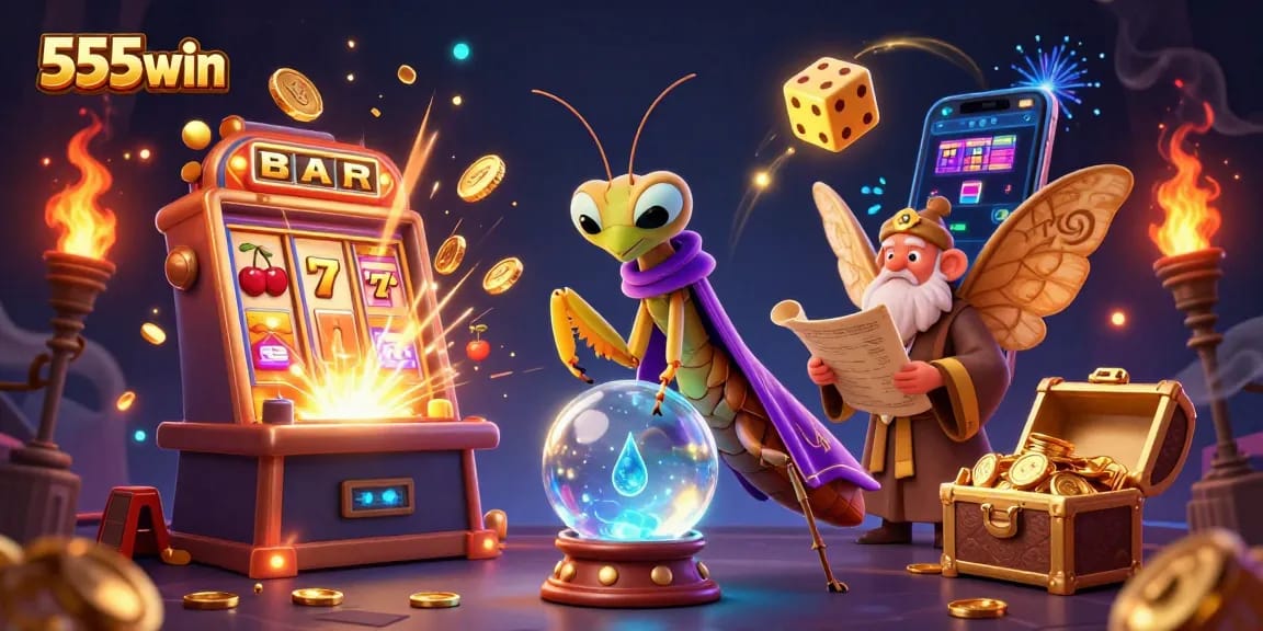 Win big with 555win, featuring a vibrant illustration of thrilling casino action and characters!