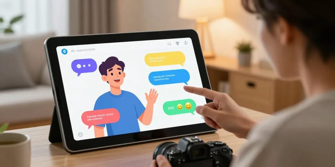 User interacting with an AI sex chat application on a sleek touchscreen device, showcasing emotional engagement and futuristic elements.