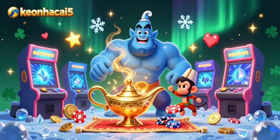 Engage with keonhacai5's vibrant casino scene featuring a genie, monkey, and poker chips in an action-packed illustration.