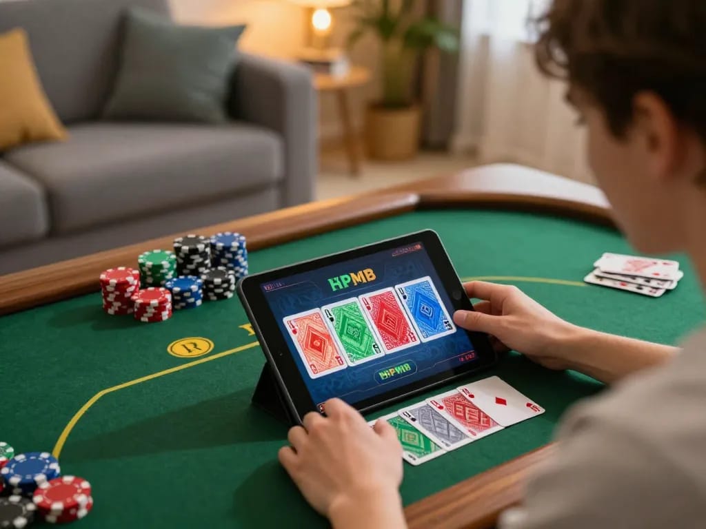 BL555 user playing poker on tablet in a cozy home setting, emphasizing responsible gaming.