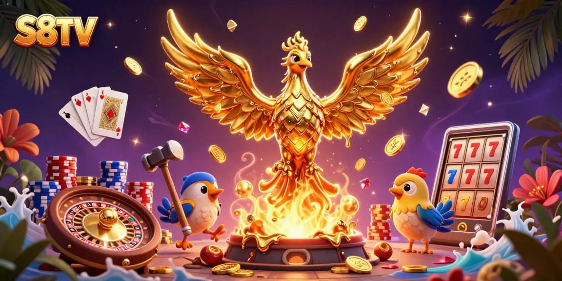 S8TV enhances gaming excitement with a dynamic illustration of a fiery golden phoenix and casino elements.