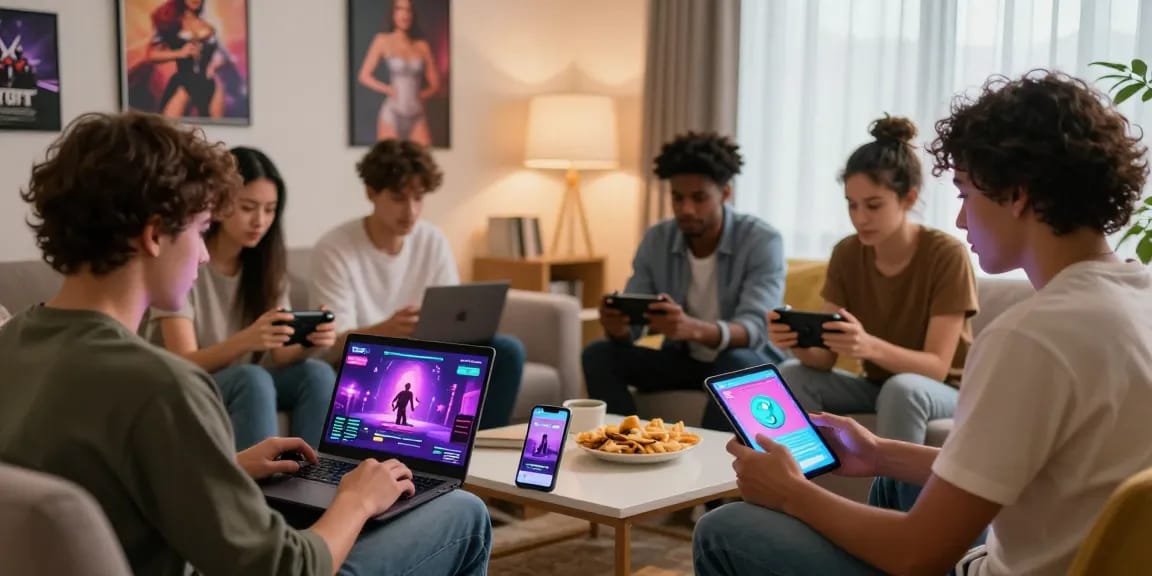 Group playing interactive game sex in modern living room with devices and snacks
