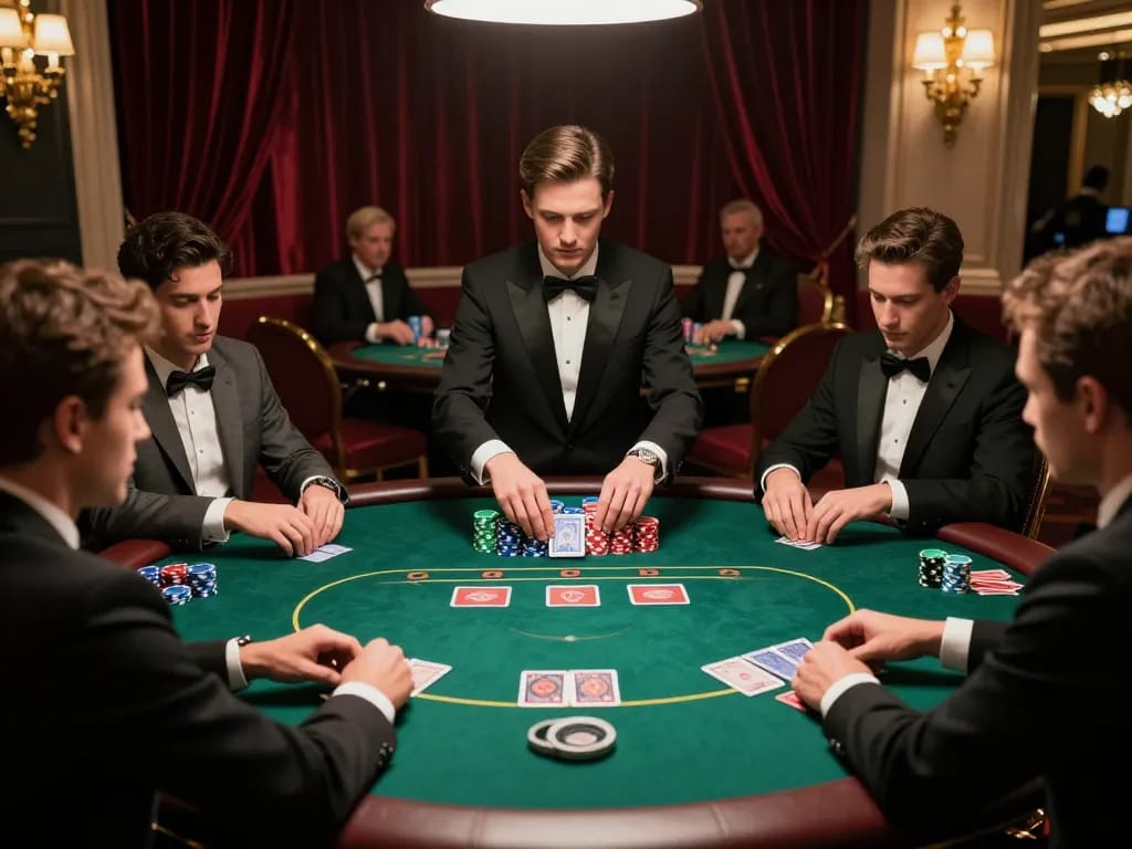 Các người chơi poker KO66 đang lập chiến lược tại một bàn cược cao ở một casino sang trọng.