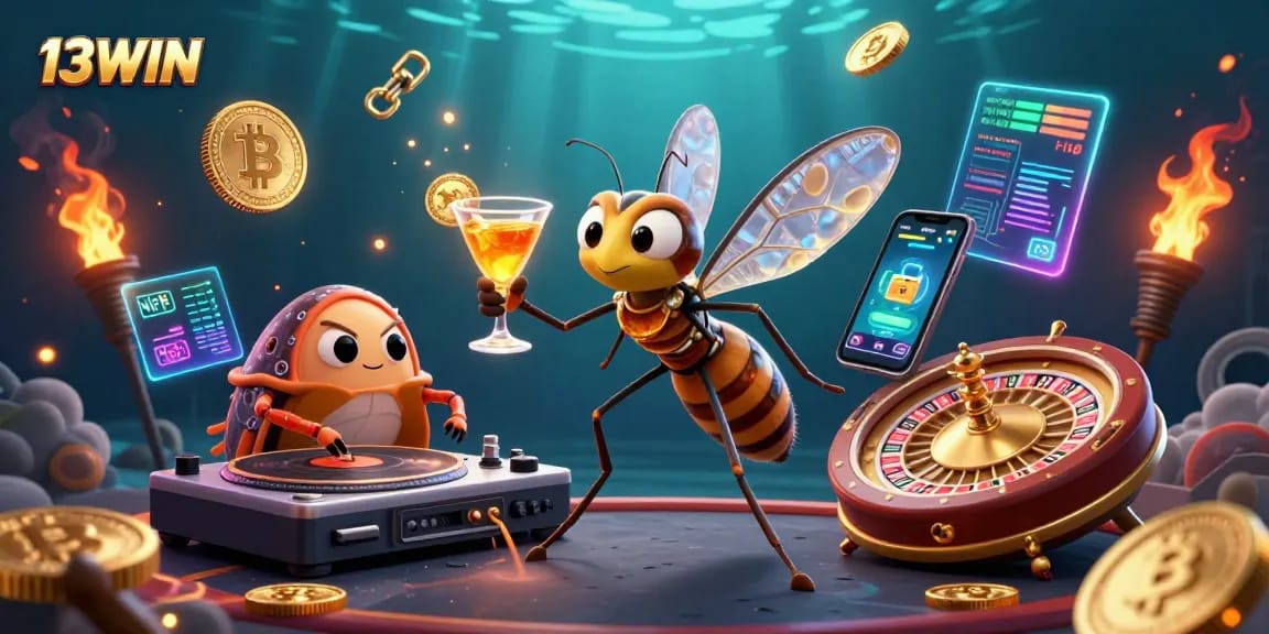Experience thrilling gameplay with 13WIN and a dynamic casino scene featuring vibrant 3D graphics.