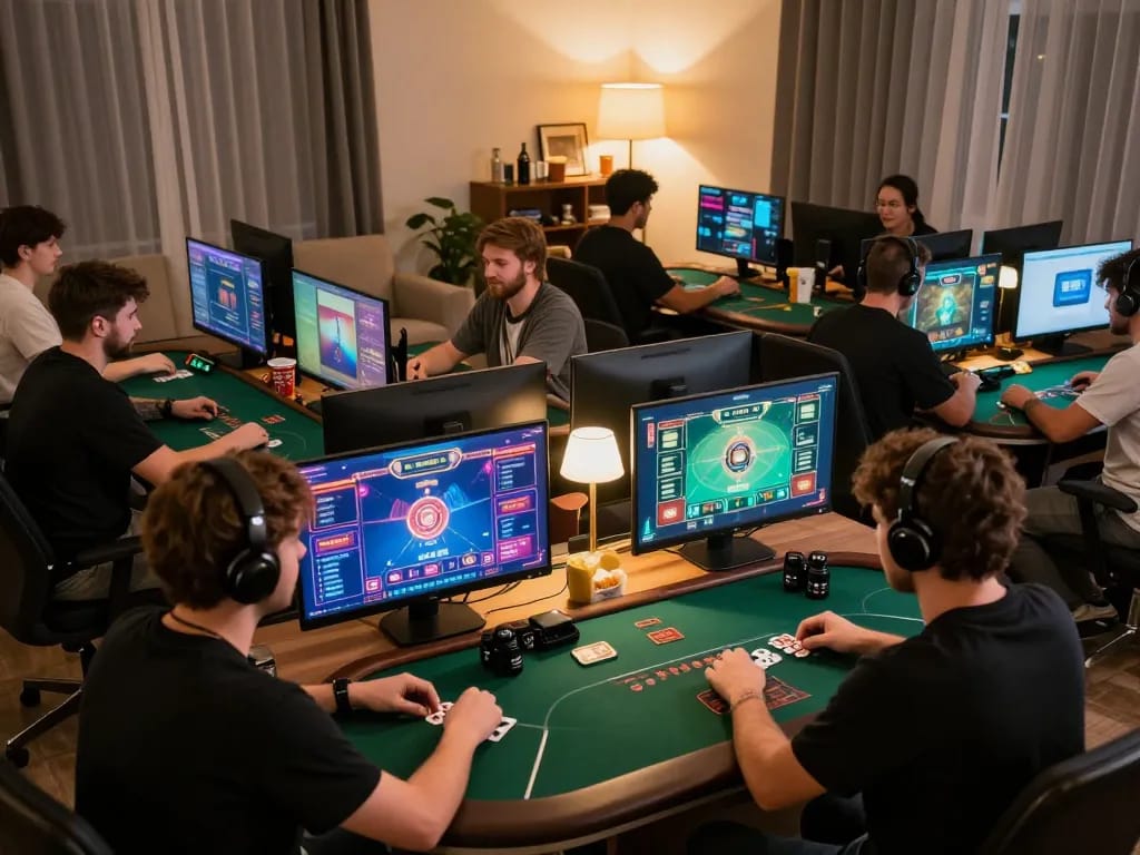 Players enjoying tg88 online poker with vibrant interfaces and warm home setting