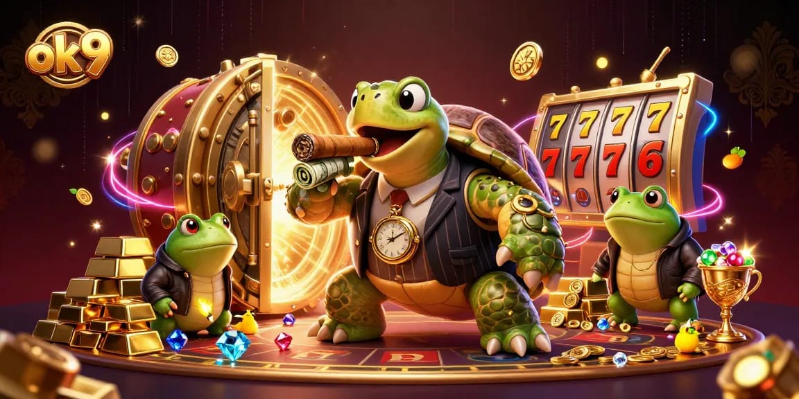 Engage in the vibrant world of online gambling at ok 9 with colorful casino elements and characters.