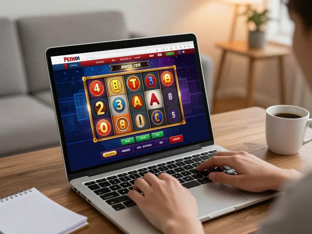 Engaging in o8 online gambling with a vibrant slot game on the laptop during a cozy home setting