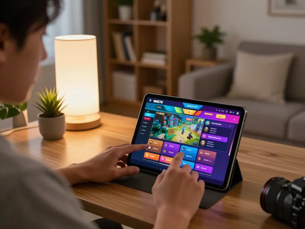 Engaged player exploring the win678 trang chủ interface on a tablet in a cozy home environment.