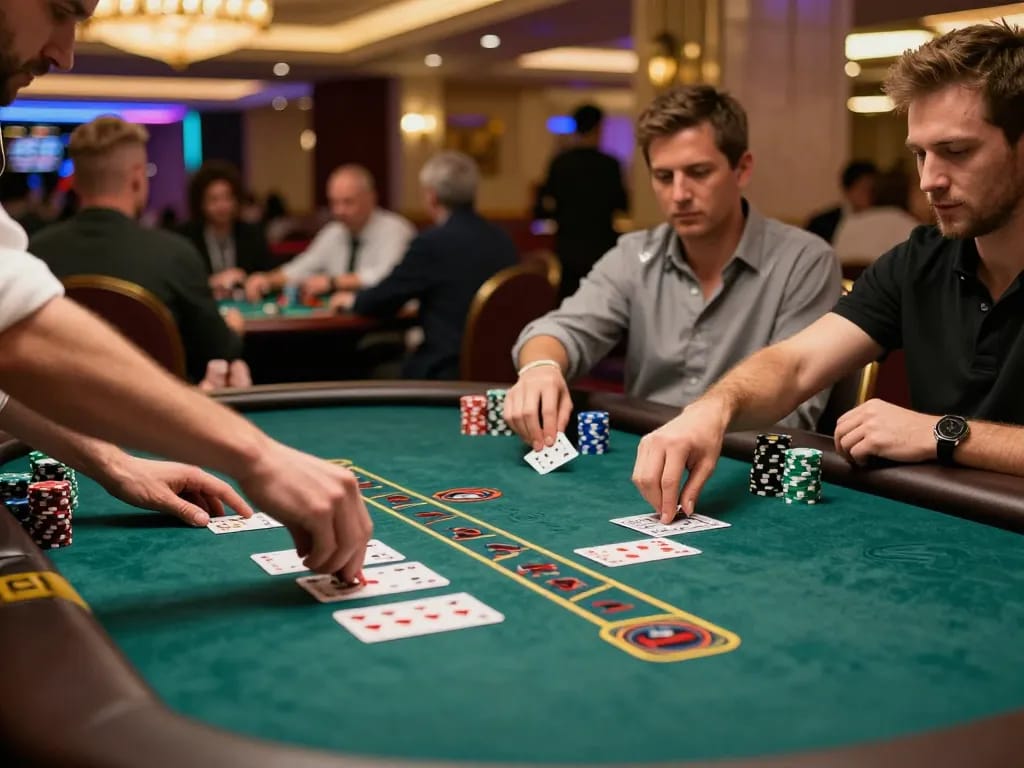 Players winning at blackjack table in lively FC88 casino atmosphere, chips stacked in action
