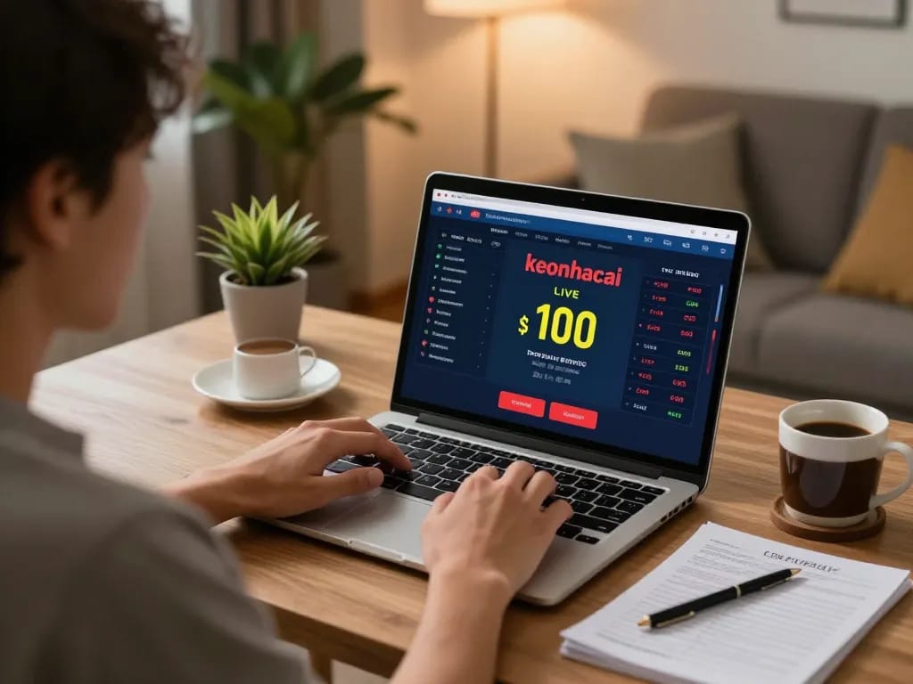 Person betting on keonhacai at home with laptop and betting strategy notes.