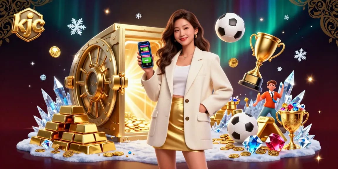 Engage in thrilling sports betting at KJC with a dynamic illustration showcasing a confident woman with a sports betting app.