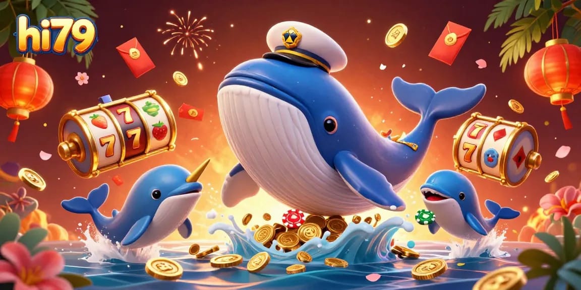 hi79 showcases a vibrant 3D casino scene with a whale, narwhal, and dolphins among slot reels and coins