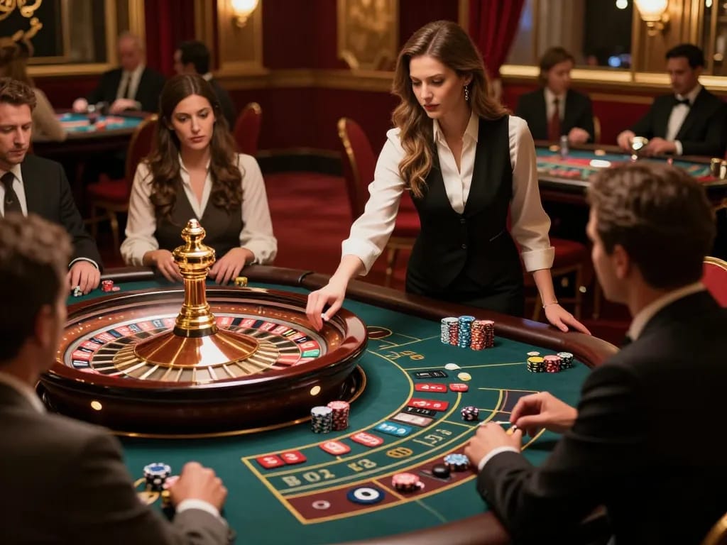 F168 roulette game in a luxury casino, players placing bets on a classic roulette table surrounded by grandeur.