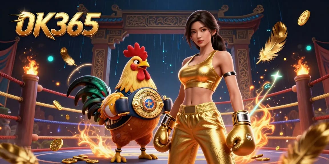 Engage with the thrilling casino experience at OK365 featuring a powerful woman and champion rooster amidst vibrant game elements.