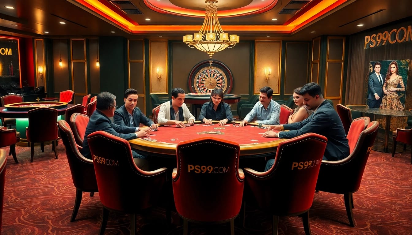 Poker action at the PS99COM casino table with excited players and luxury decor.