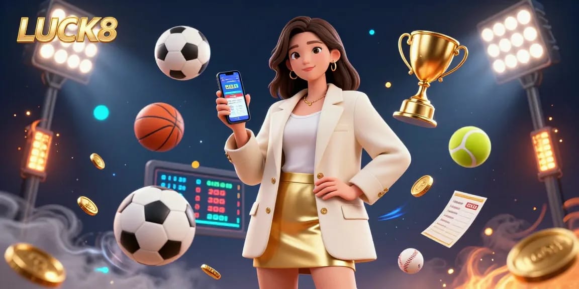 Engage with LUCK8 in sports betting, featuring a stylish Asian woman with a smartphone and dynamic game elements.