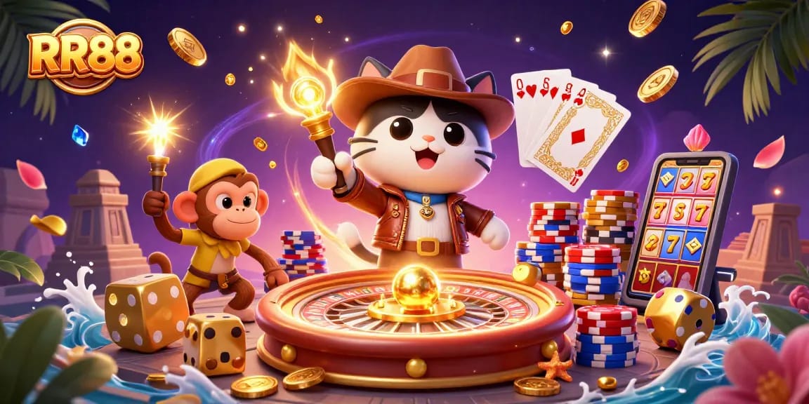 Experience the thrill of RR88 with a cartoon archaeologist and monkey discovering treasures amidst dynamic casino elements.
