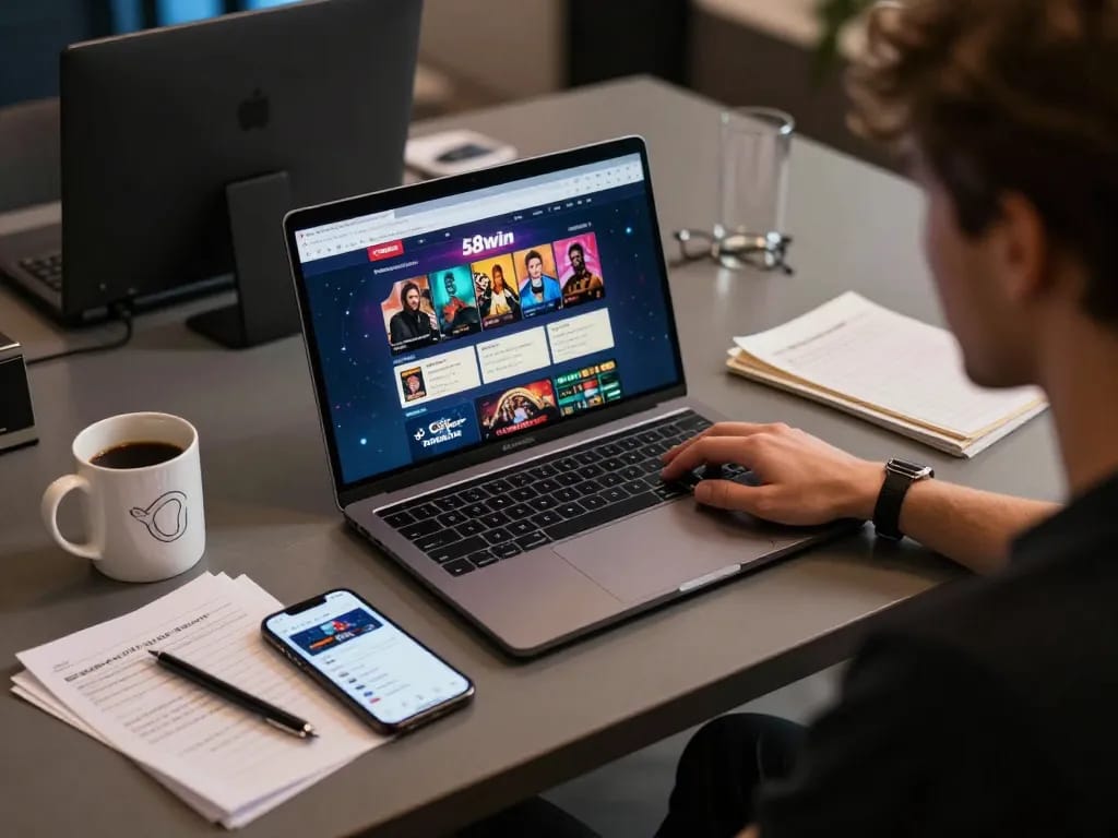 Engaging in strategic gameplay on the 58win online casino platform, showcasing a cozy gaming setup.