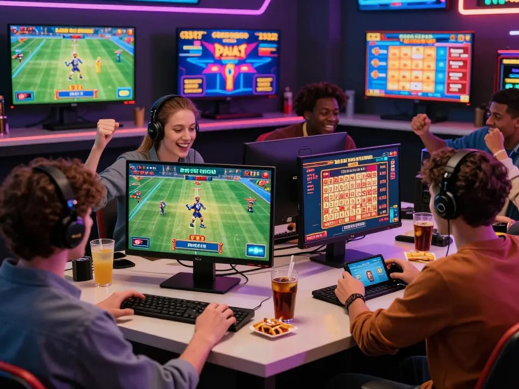 Players enjoying interactive gaming experiences at okwin.com in a vibrant online casino atmosphere with sports and lottery games.