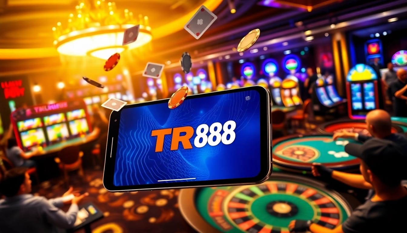 Players enjoying various games while using the TR88 app at a luxurious casino.