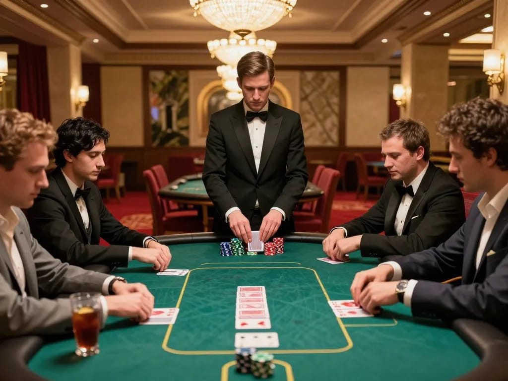 Players focus intently on their cards during a high-stakes poker game at https://fa88.team/, showcasing strategy and tension.