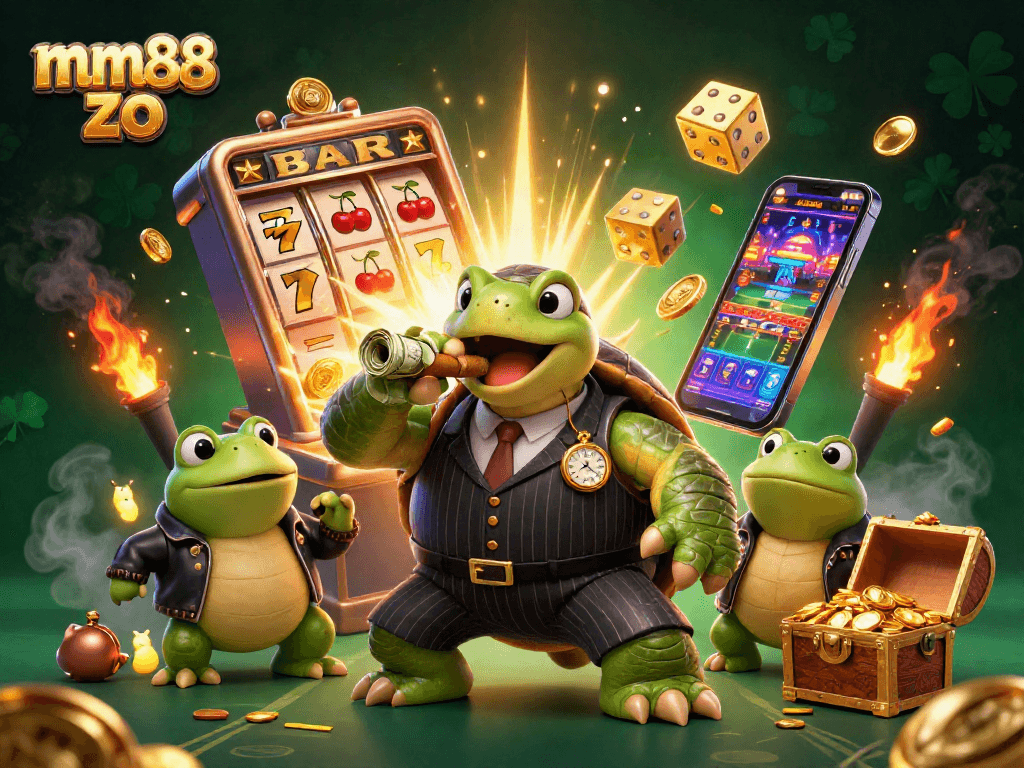 Engaging mm88 zo casino scene with a turtle mobster, frogs, and vibrant slot machine elements