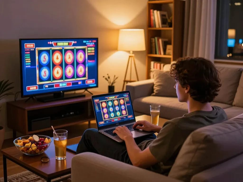 Player engaging with gi8 online slots on laptop, enjoying a cozy home gaming experience.