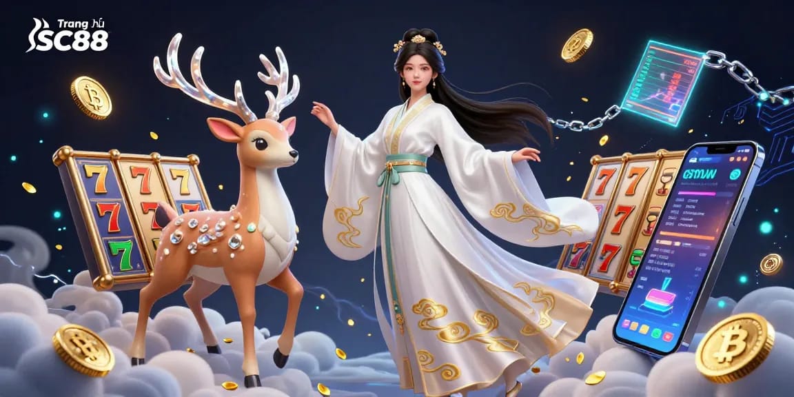 Experience the excitement of Trang chủ SC88 with an enchanting casino scene filled with slot games and neon details.