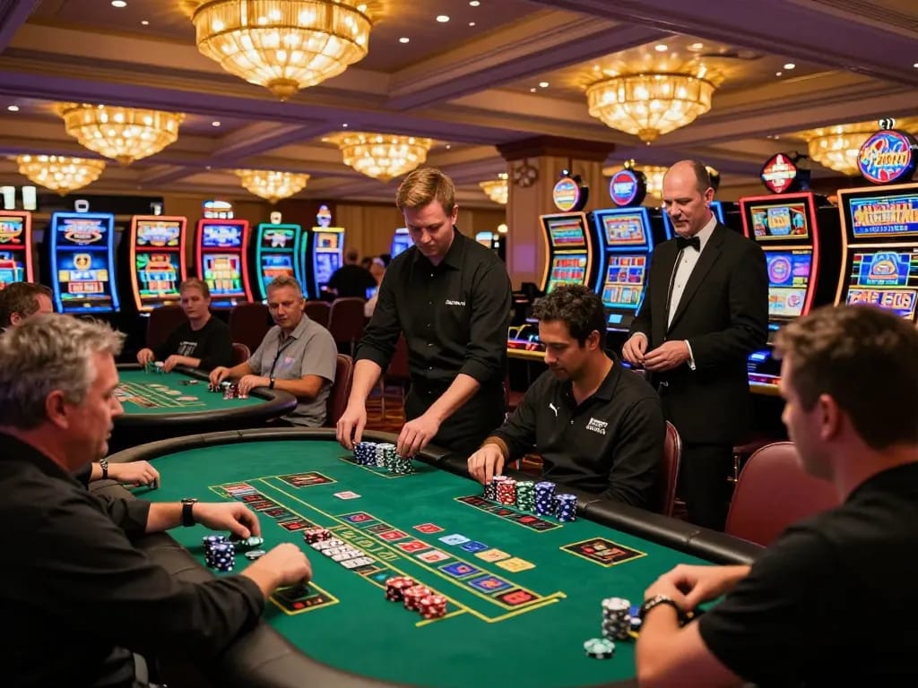 Engaged players placing bets at blackjack tables in a vibrant casino atmosphere focusing on resultsfootball strategies.