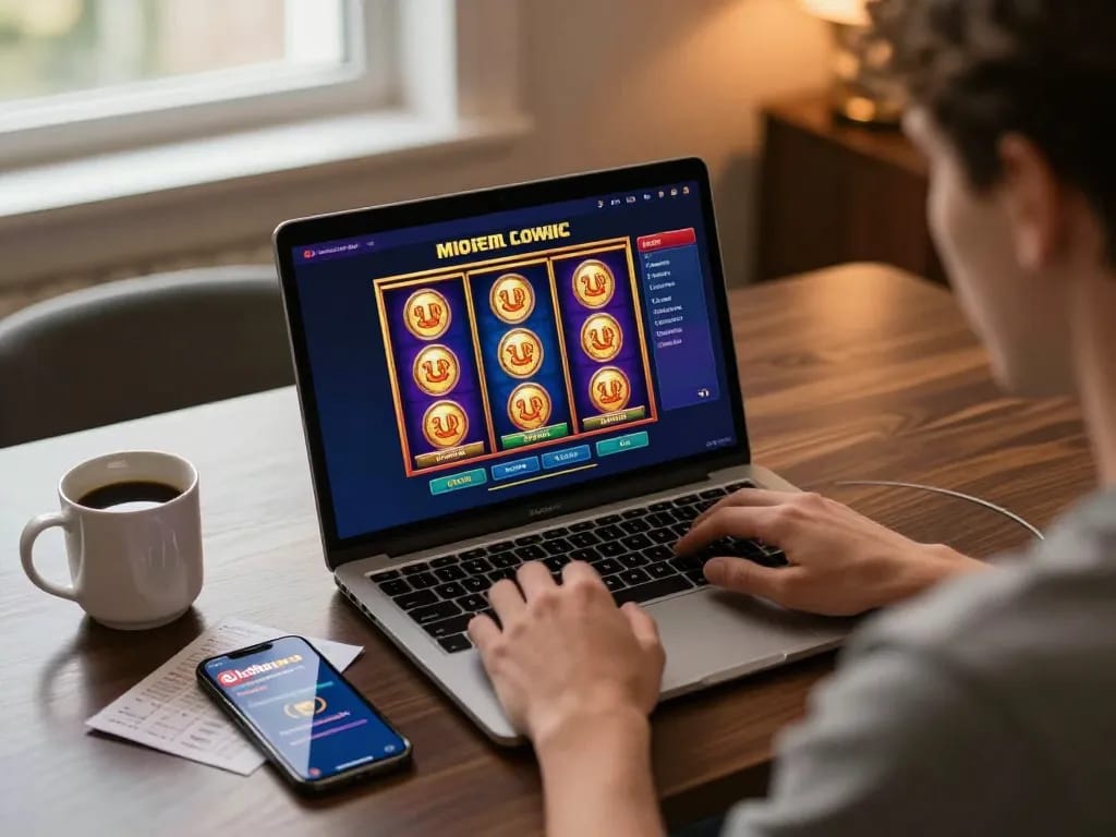 Engaging online gaming session on lc88pro showcasing vibrant slot games in a cozy environment.